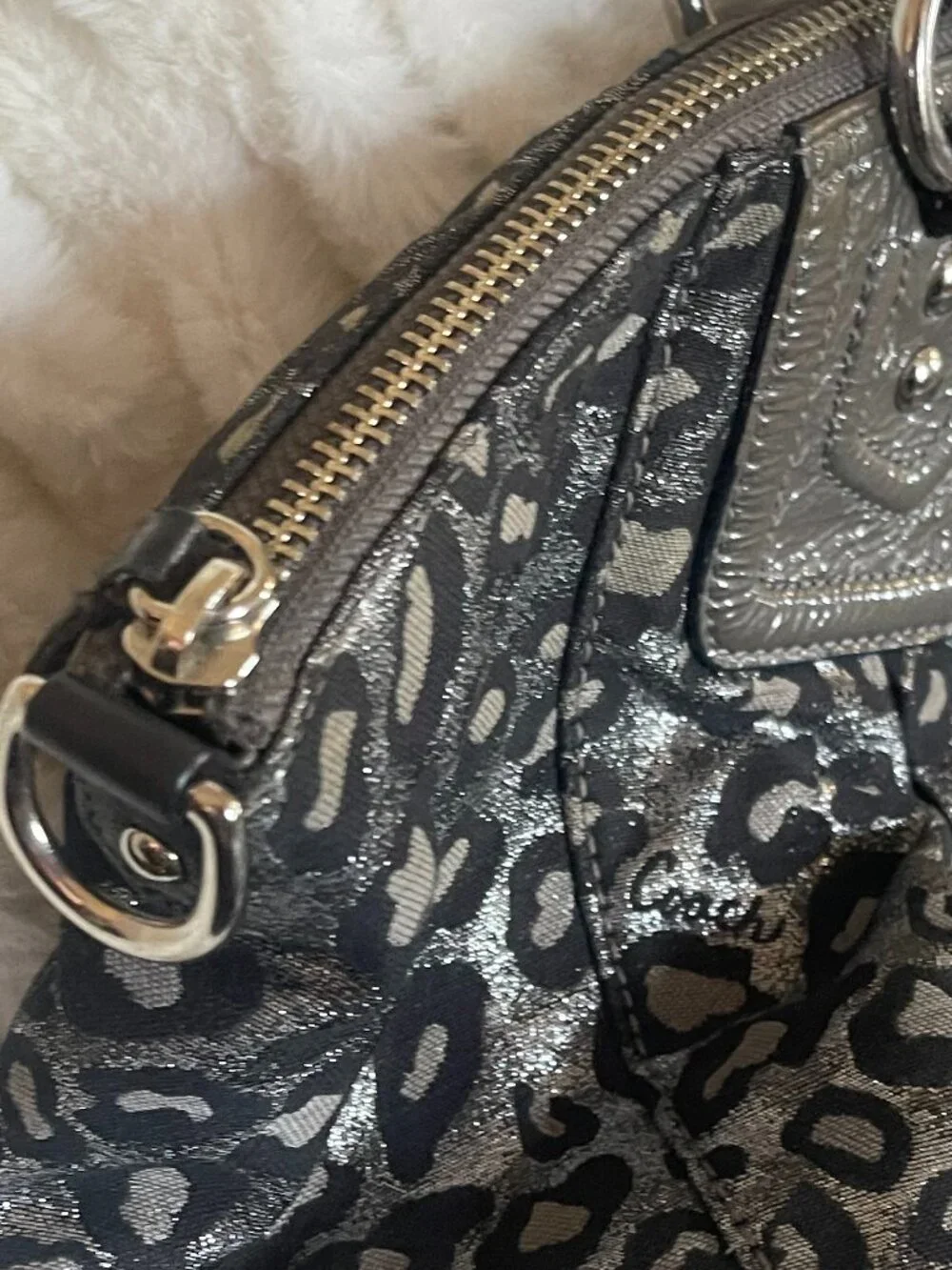 Coach Metallic Silver/Black Ocelot Leopard